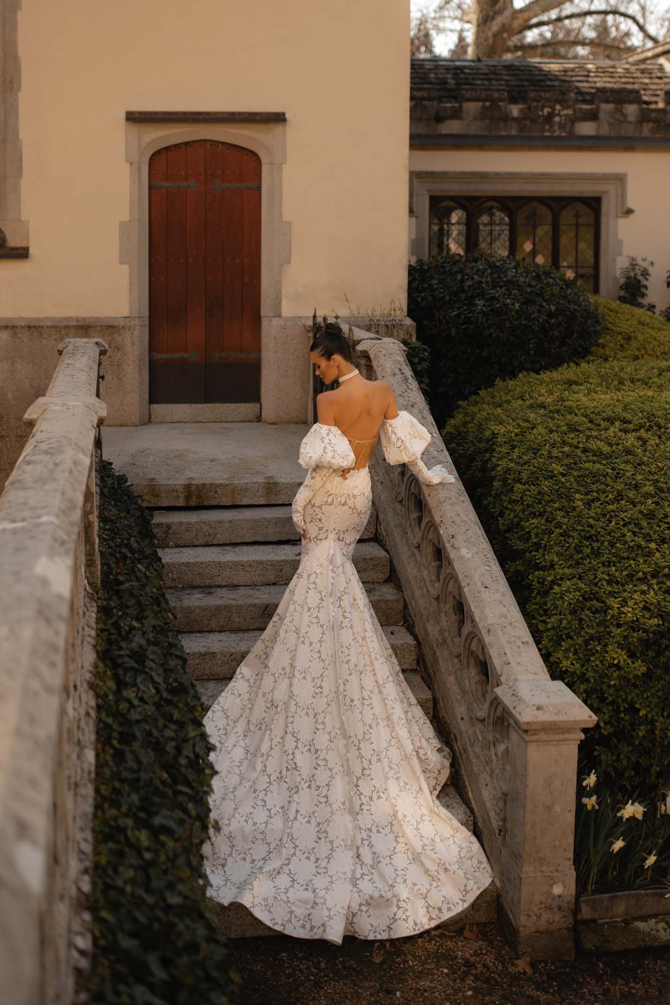 Berta Lace Mermaid Dresses Sweetheart Puffy Sleeves Wedding Dress Sweep Train Illusion Back Wedding Bridal Gowns