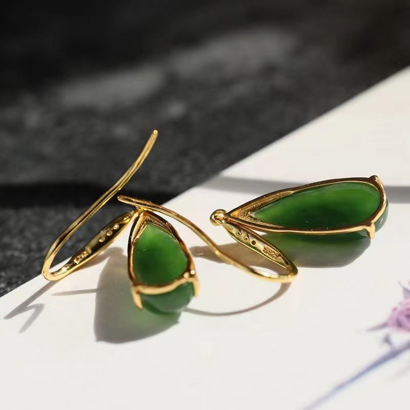Natural Hotan Jade Jasper Earrings Women's National Style Elegant Long Earrings Earrings Earrings