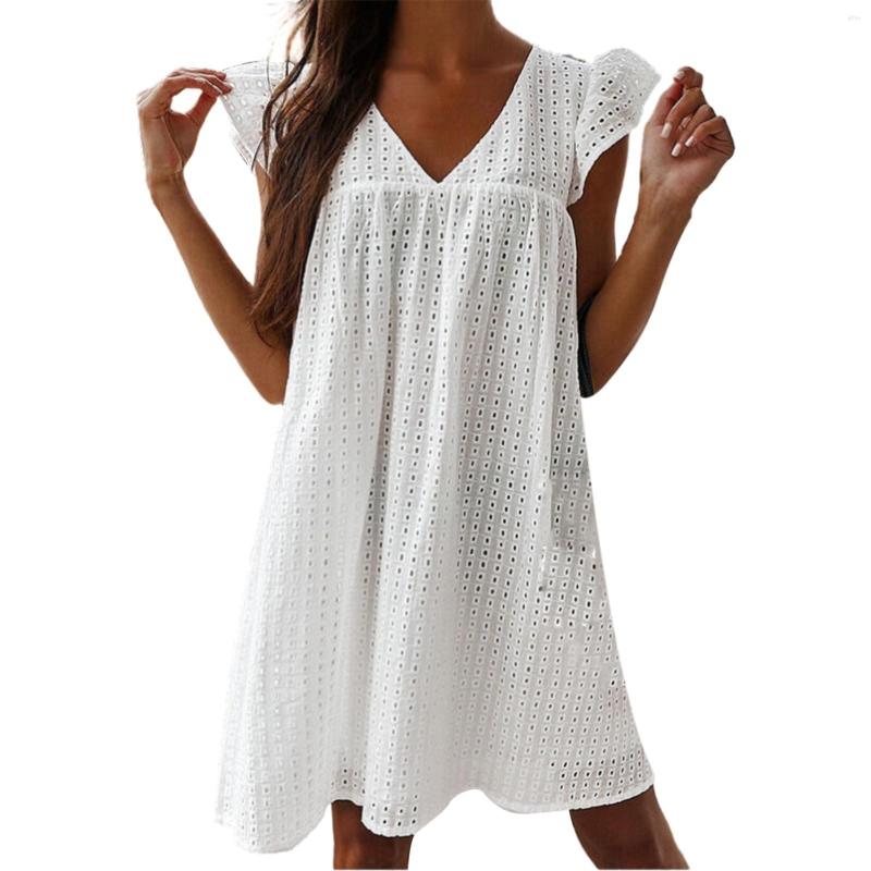 Casual Dresses Solid Hollow Out Short Dress Women Sexy V Neck Butterfly Sleeve Lace Oversize Loose Summer Beach Ladies Mini Vestidos