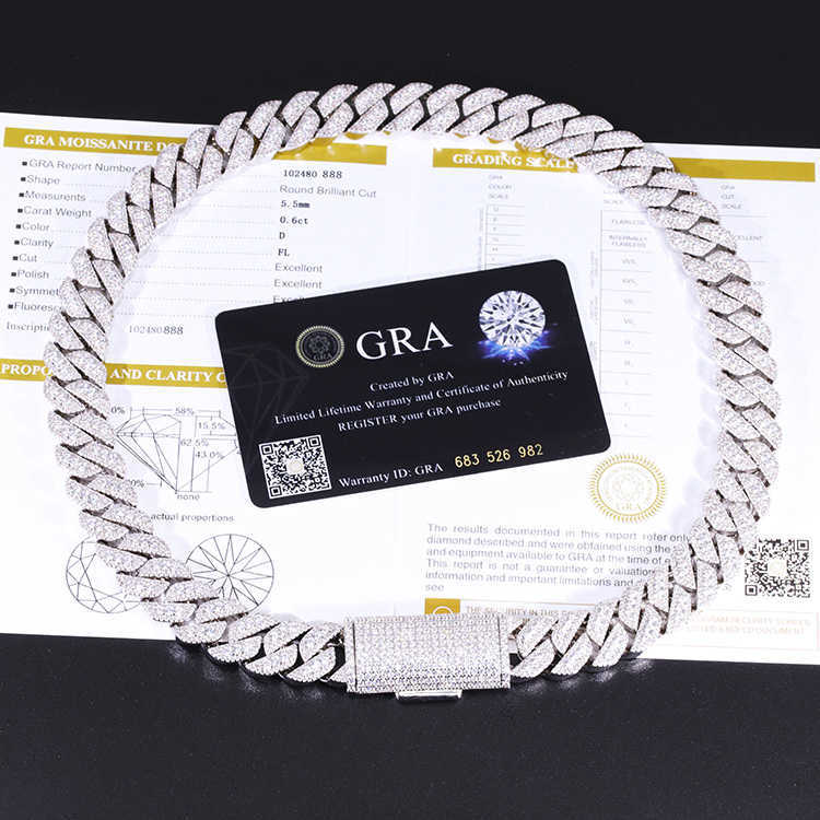 Customized wholesale price s Sterling sliver with GRA vvs Moissanite 15mm 3rows mens jewelry rapper necklace cuban link chain
