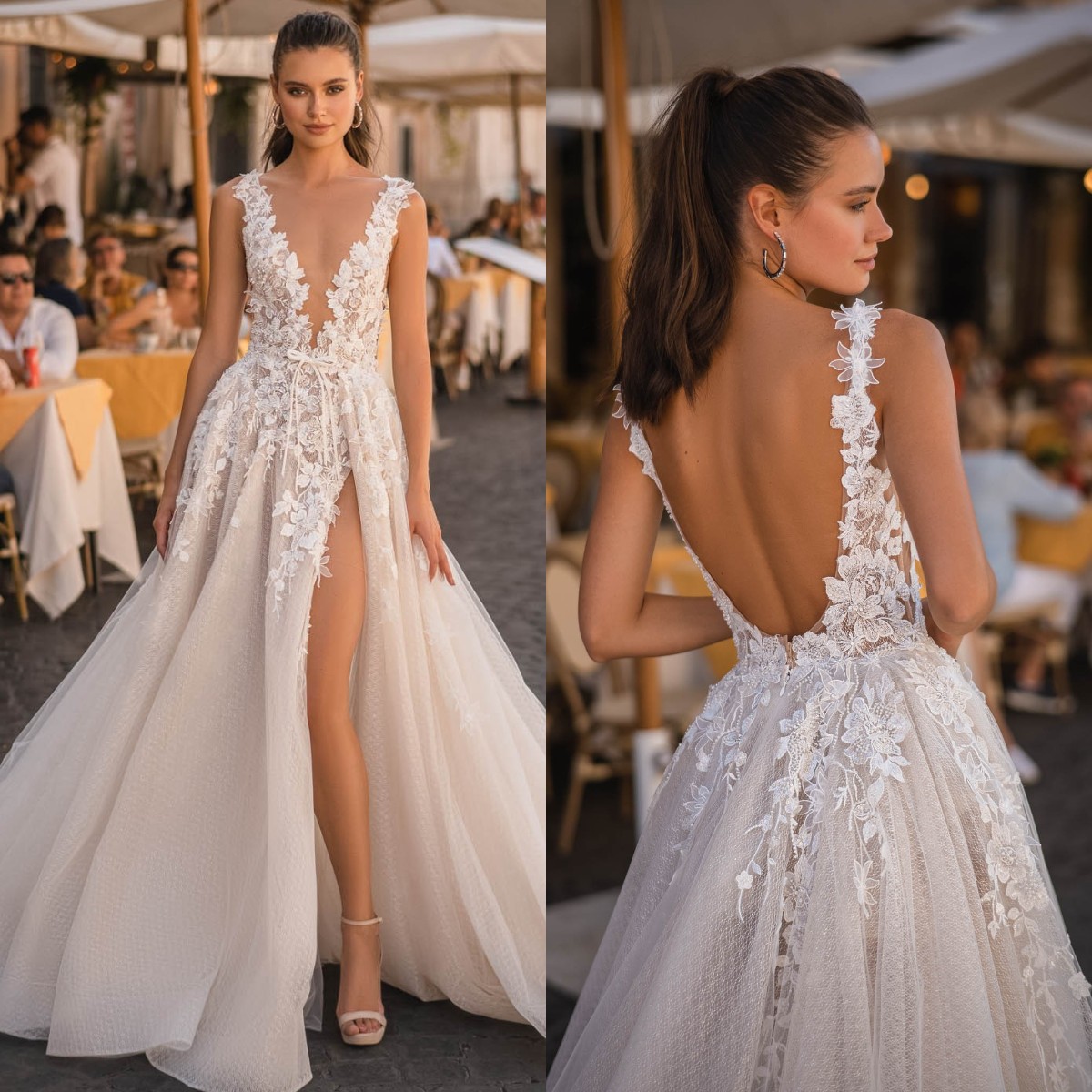 Berta A e Dresses for Bride Illusion Plunging V Neck Wedding Dress Vestidos De Novia Thigh Slit Designer Bridal Gowns