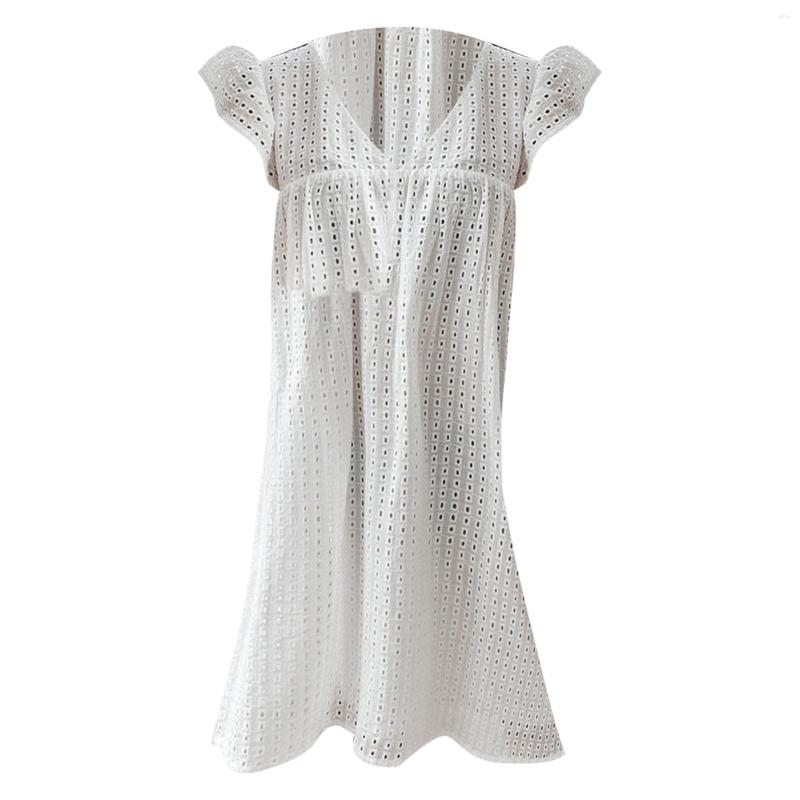 Casual Dresses Solid Hollow Out Short Dress Women Sexy V Neck Butterfly Sleeve Lace Oversize Loose Summer Beach Ladies Mini Vestidos