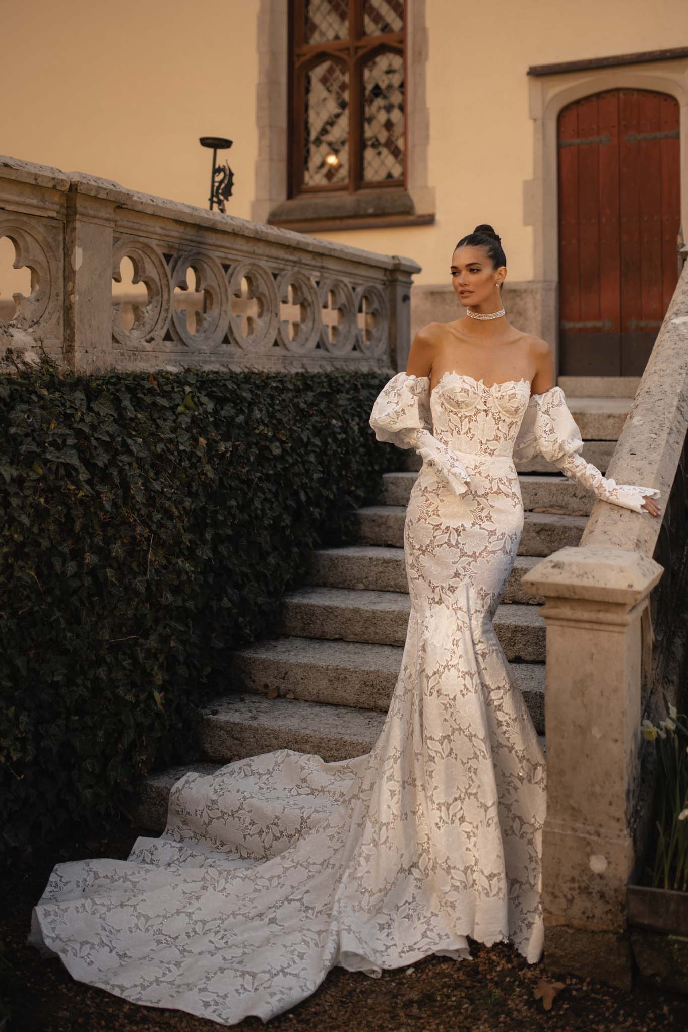 Berta Lace Mermaid Dresses Sweetheart Puffy Sleeves Wedding Dress Sweep Train Illusion Back Wedding Bridal Gowns