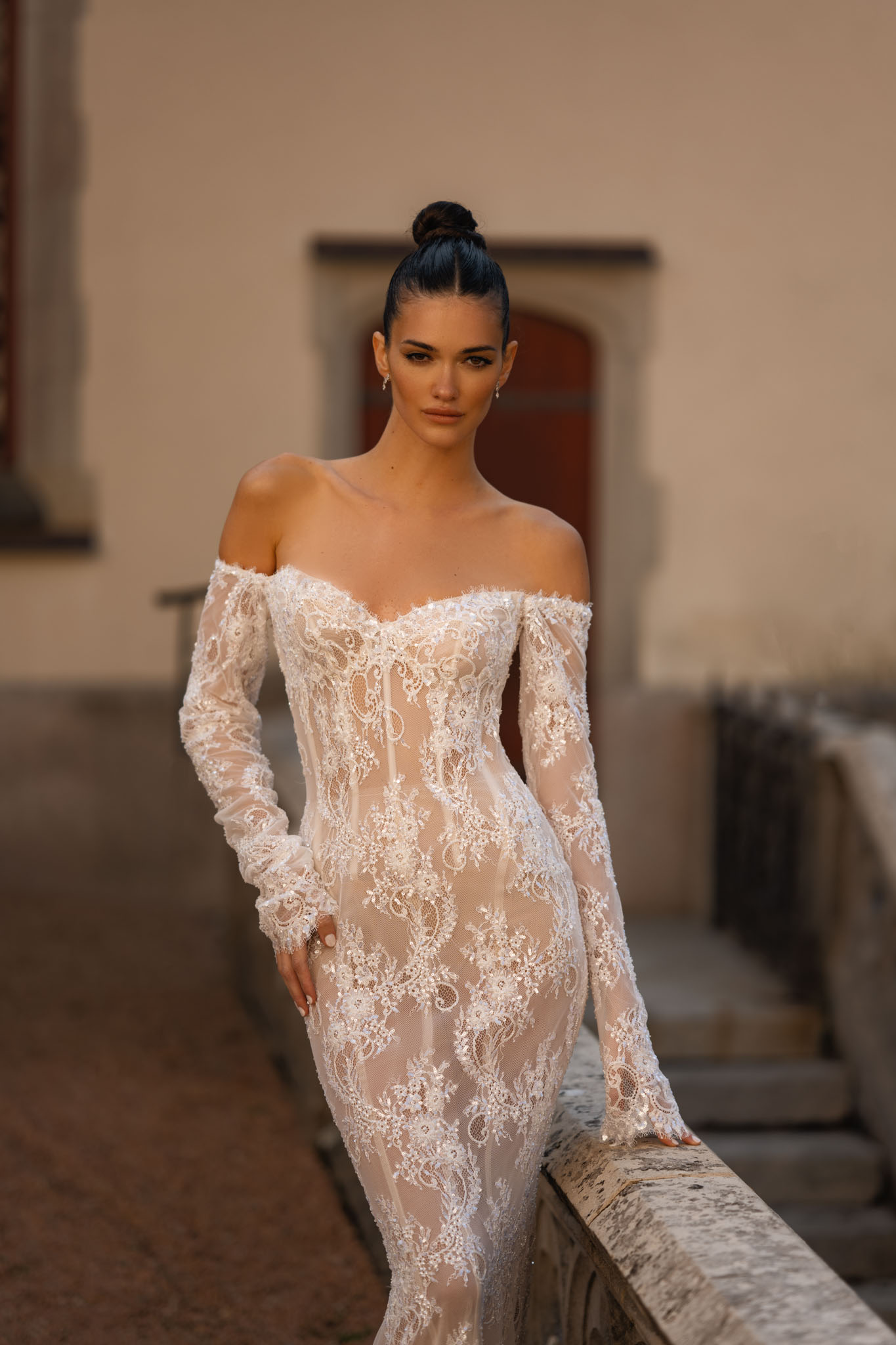 Berta Lace Mermaid Dresses Off Shoulder Sleeves Dress Sweep Train Illusion Back Wedding Bridal Gowns 0515