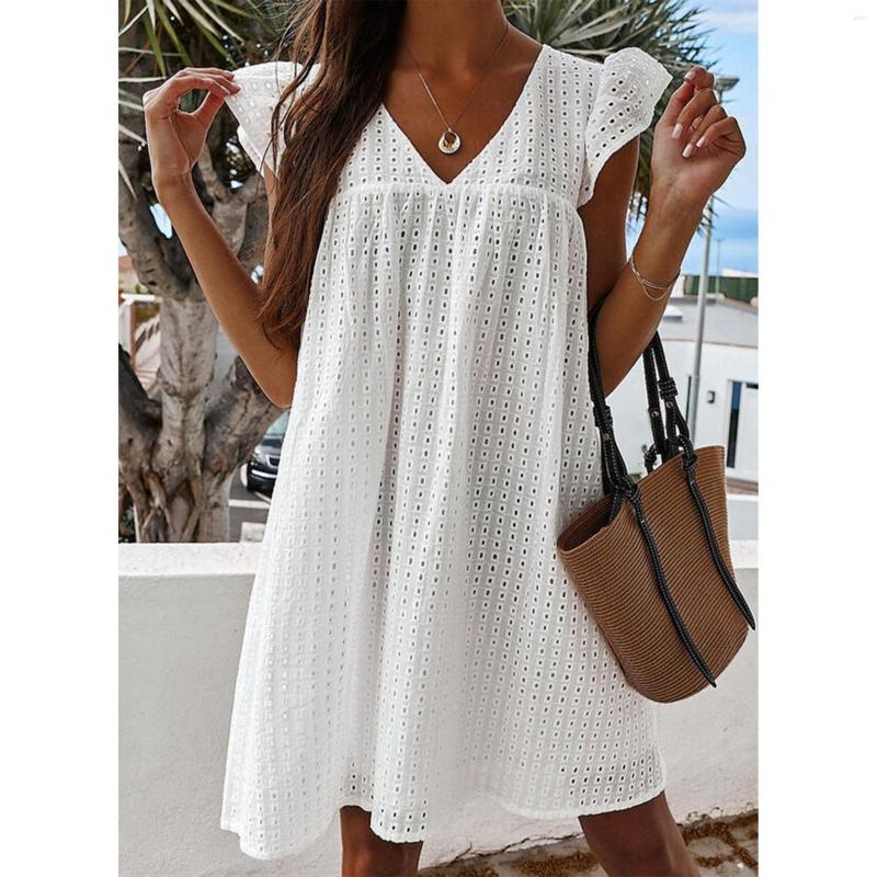 Casual Dresses Solid Hollow Out Short Dress Women Sexy V Neck Butterfly Sleeve Lace Oversize Loose Summer Beach Ladies Mini Vestidos