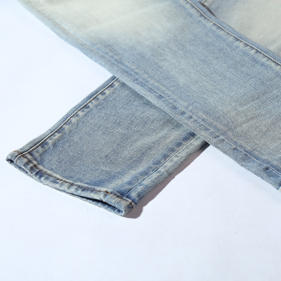 Men's Jeans Wash Blue Cashew Flower Patch Slim Fit Ripped High Street 230625