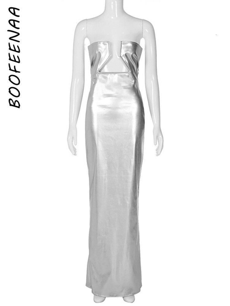 Basic Casual Dresses BOOFEENAA Sexy Hollow Out Strapless Maxi Dress Silver Black PU Leather Elegant Sexy Women Evening Dress Celebrity Outfit C95DC36 