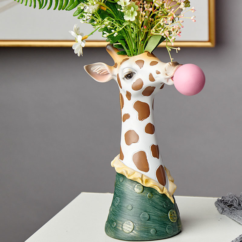 Vases Creative Modern Animal Head Resin Succulent Vase FlowerPot Hand Painting Giraffe Zebra Panda Blowing Bubbles Animal Bust Figure 230625