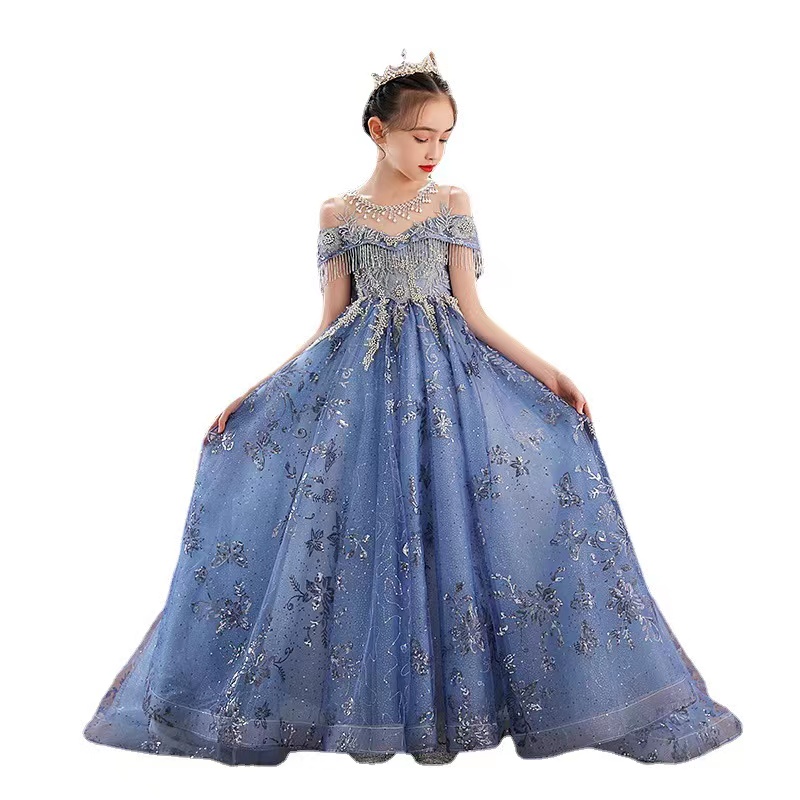 Light Sky Blue Ball Gown Pearls Flower Girl Dresses For Wedding Appliqued Pageant Gowns baby long train Tulle beaded crystal First Princess Communion 