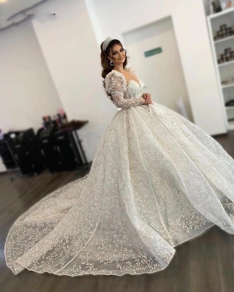 3D Floral Wedding Dresses Long Sleeves Applique Sheer Neck Arabic Bridal Gowns For Women Princess Vestido De Noiva