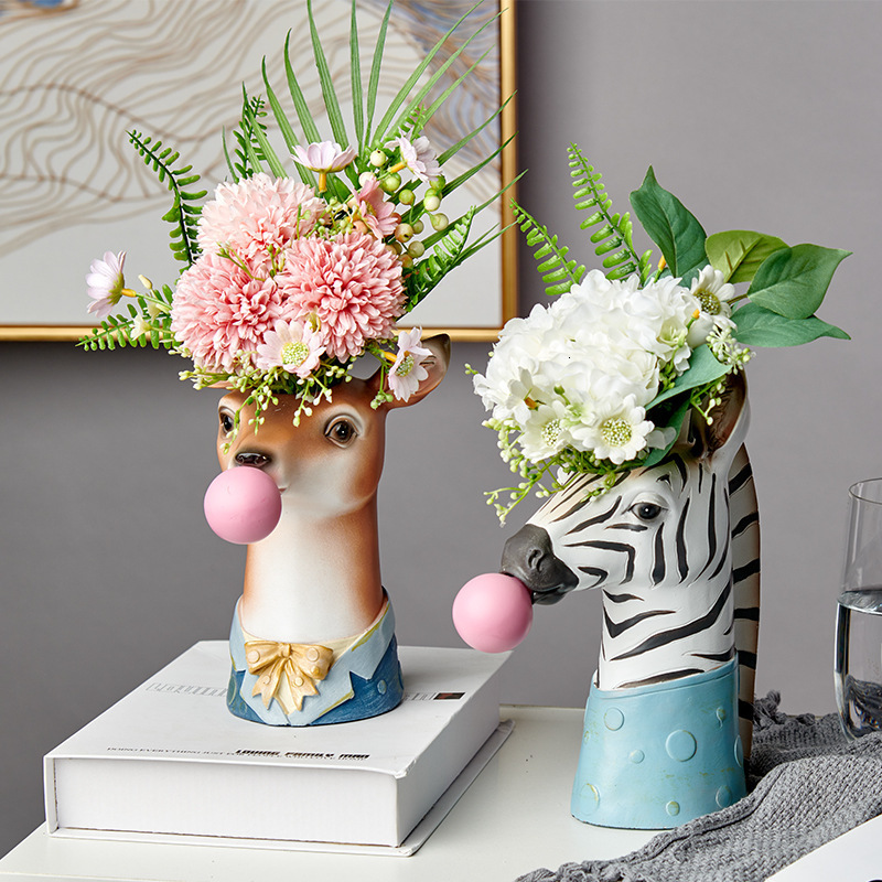 Vases Creative Modern Animal Head Resin Succulent Vase FlowerPot Hand Painting Giraffe Zebra Panda Blowing Bubbles Animal Bust Figure 230625