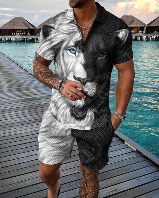 Men's Tracksuits Summer Men Casual Set Lion Pattern Polo Shirt Shorts Men's Tracksuit 2 Pieces Outfit Clothing For Men Fashion Men's Po
