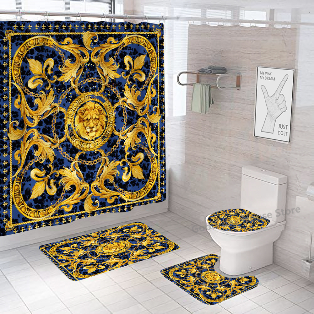 Shower Curtains Curtain Sets Black Gold Polyester Fabric Washable Bath 3D Marble Toilet Cover Bathroom Accessories 230626