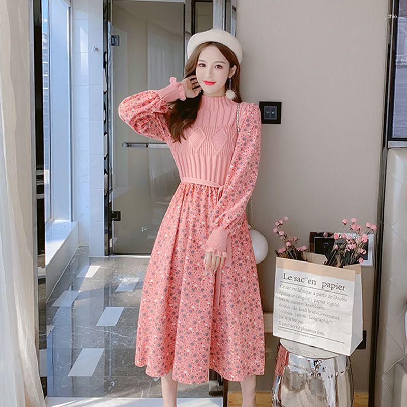Casual Dresses French Sweet Super Fire Mid Length Dress Autumn And Winter Corduroy Printing Panel Knitted Retro Long Sleeve Women