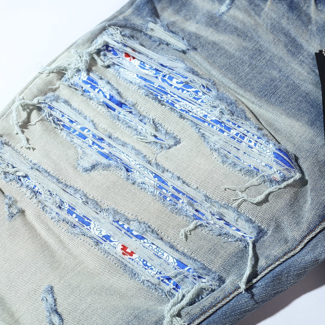 Men's Jeans Wash Blue Cashew Flower Patch Slim Fit Ripped High Street 230625