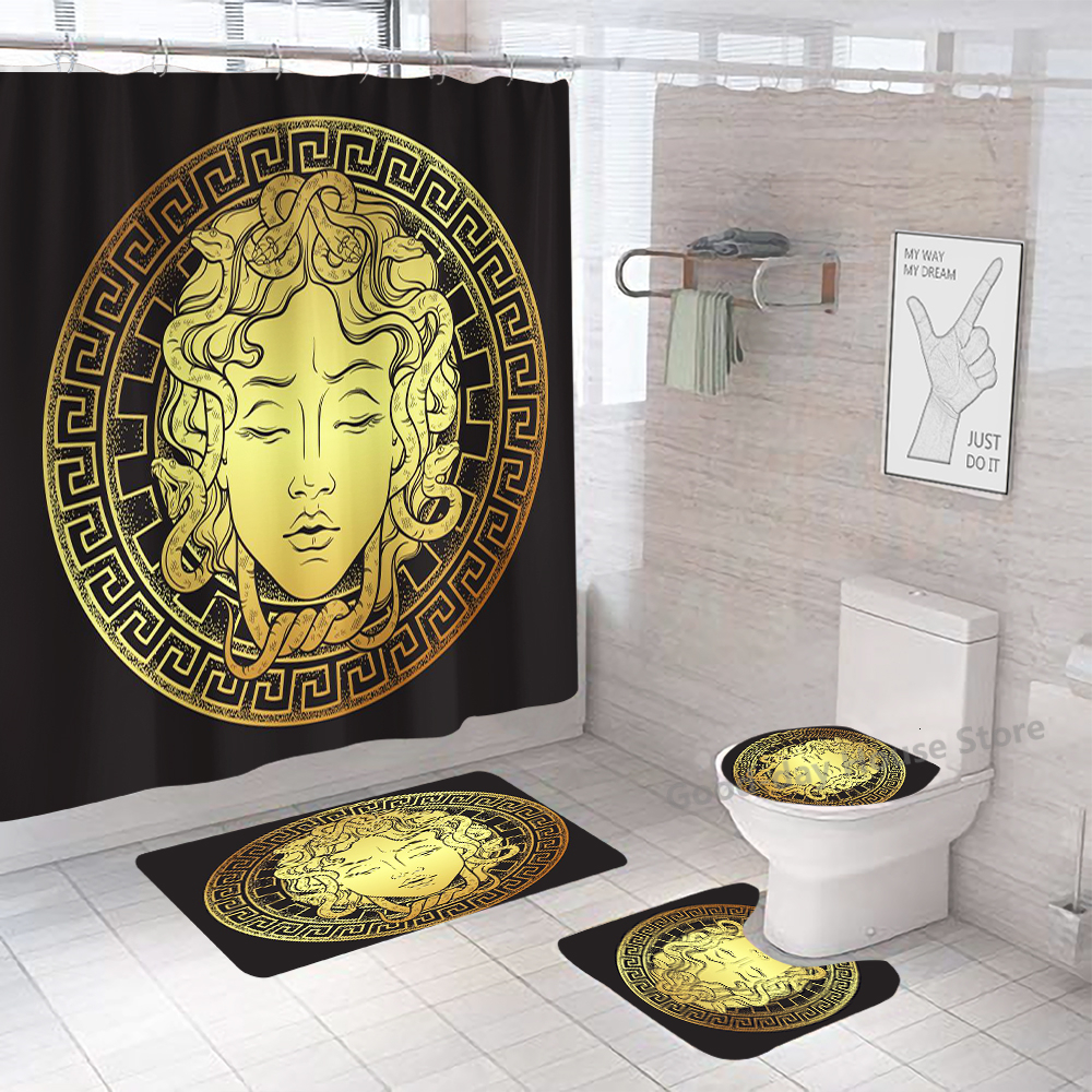 Shower Curtains Curtain Sets Black Gold Polyester Fabric Washable Bath 3D Marble Toilet Cover Bathroom Accessories 230626