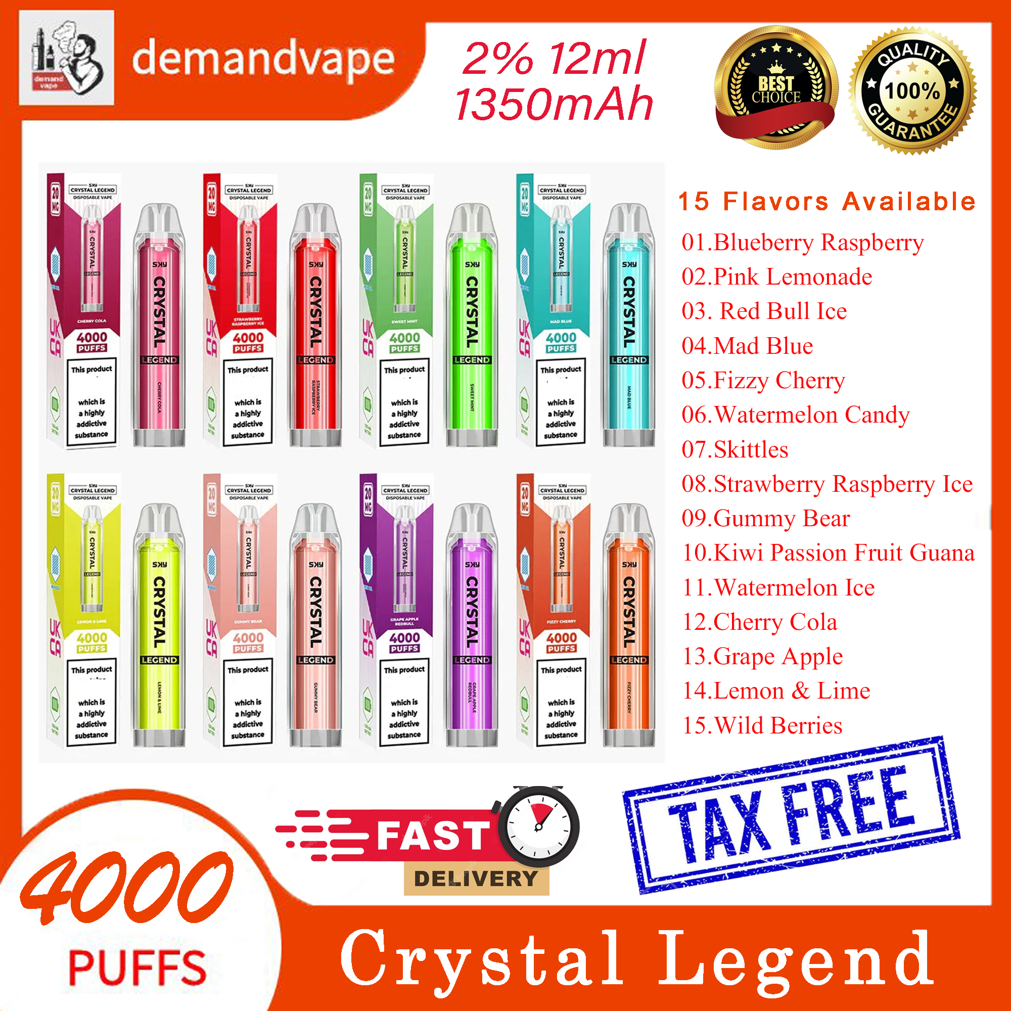 Crystal Legend 4000 Puff Disposable Vape Pen E Cigarettes 12ml Pre-filled Pod 1350mAh Battery 2% Strength with 4k Puffs Vapor Kit 15 Flavors Available VS SKE
Crystal Legend 4000 Puff Disposable Vape Pen E Cigarettes 12ml Pre-filled Pod 1350mAh Battery 2% Strength with 4k Puffs Vapor Kit 15 Flavors Available VS SKE