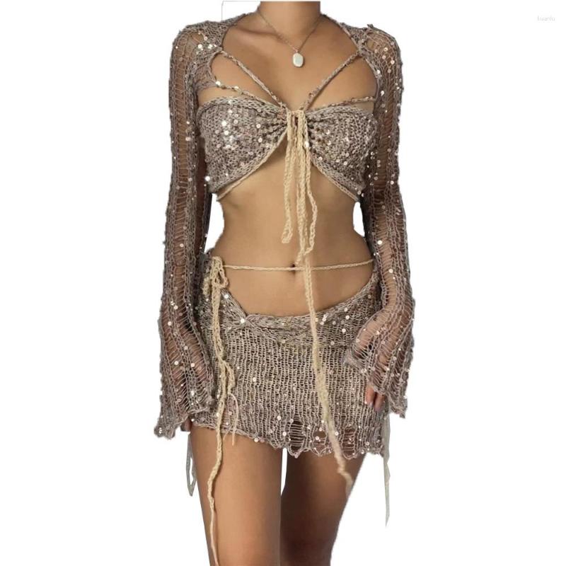 Casual Dresses Sequins Knitted Hollow Out Three Piece Set Women Sleeveless Cropped Top Midi Bodycon Skirt Suit Summer Beach Female