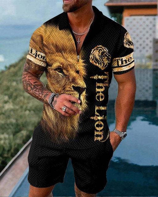 Men's Tracksuits Summer Men Casual Set Lion Pattern Polo Shirt Shorts Men's Tracksuit 2 Pieces Outfit Clothing For Men Fashion Men's Po