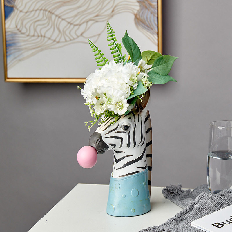 Vases Creative Modern Animal Head Resin Succulent Vase FlowerPot Hand Painting Giraffe Zebra Panda Blowing Bubbles Animal Bust Figure 230625