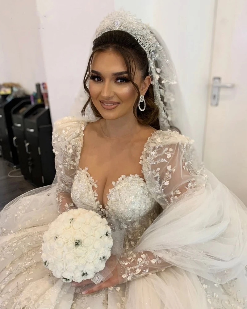 3D Floral Wedding Dresses Long Sleeves Applique Sheer Neck Arabic Bridal Gowns For Women Princess Vestido De Noiva