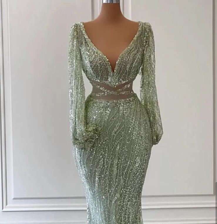 2023 Aso Ebi Mint Mermaid Prom Dress Sequined Lace Evening Formal Party Second Reception Birthday Bridesmaid Engagement Gowns Dresses Robe De Soiree Z