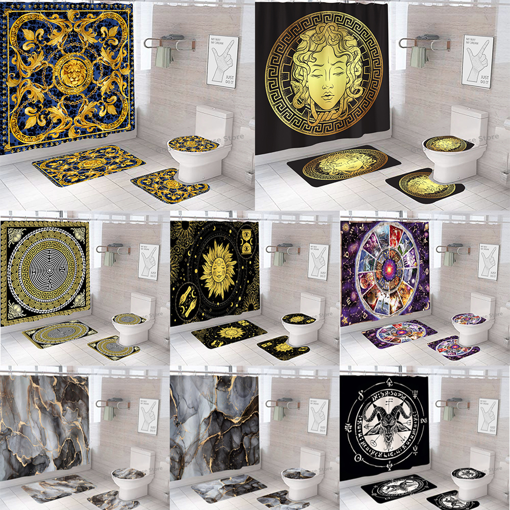 Shower Curtains Curtain Sets Black Gold Polyester Fabric Washable Bath 3D Marble Toilet Cover Bathroom Accessories 230626