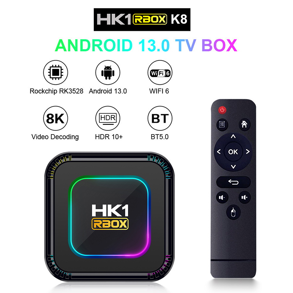HK1 RBOX K8 TV Box Android 13 8K RGB Light 4GB 128GB RK3528 WiFi6 Dual Wifi Smart TV Box Set Top Receiver