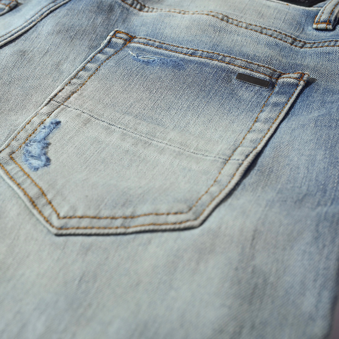 Men's Jeans Wash Blue Cashew Flower Patch Slim Fit Ripped High Street 230625