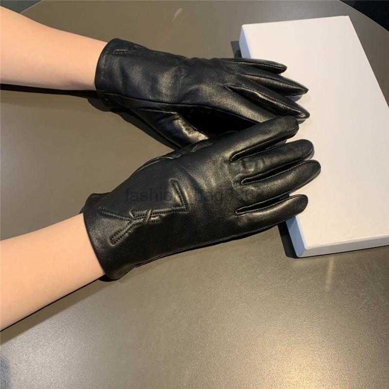 Casual Women Leather Gloves Cashmere Lining Warm Mittens Letter Embroidery Glove Ladies Winter Drive Outdoor Mitten