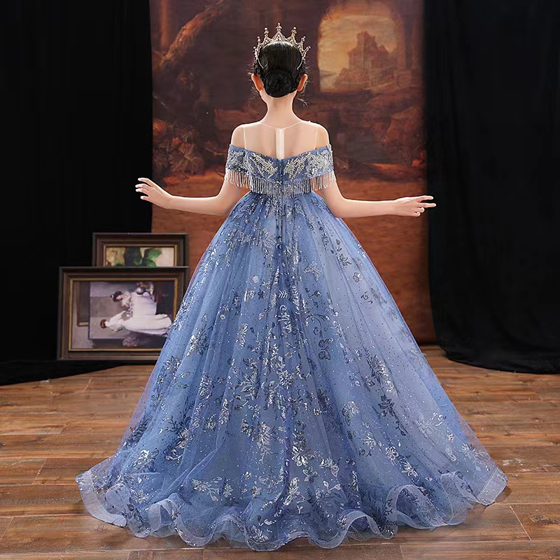 Light Sky Blue Ball Gown Pearls Flower Girl Dresses For Wedding Appliqued Pageant Gowns baby long train Tulle beaded crystal First Princess Communion 
