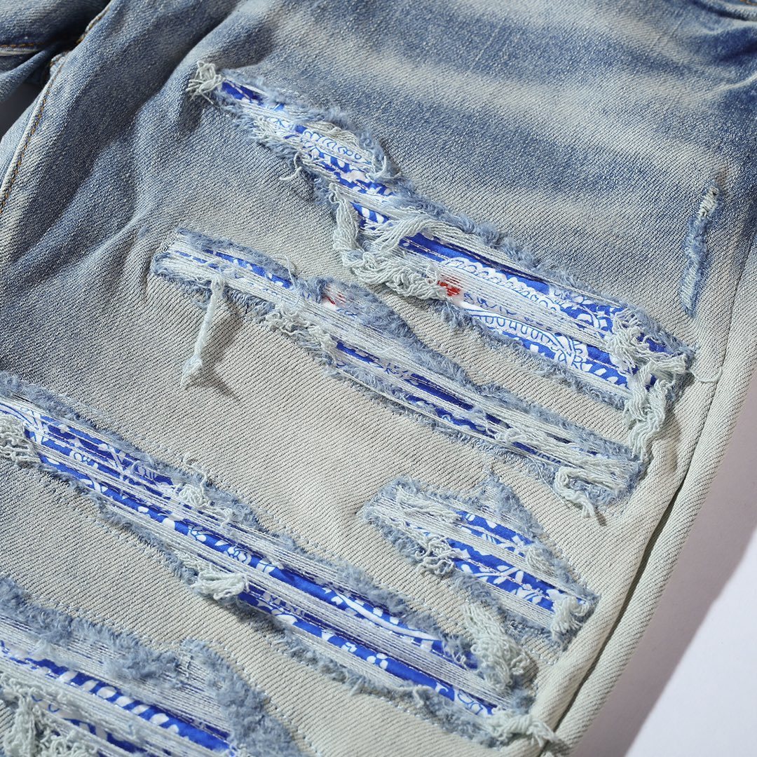 Men's Jeans Wash Blue Cashew Flower Patch Slim Fit Ripped High Street 230625