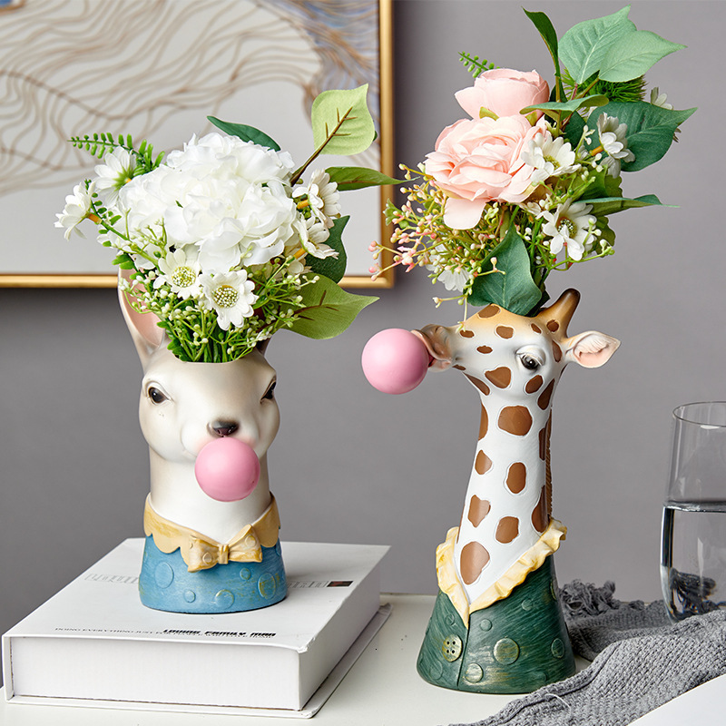 Vases Creative Modern Animal Head Resin Succulent Vase FlowerPot Hand Painting Giraffe Zebra Panda Blowing Bubbles Animal Bust Figure 230625