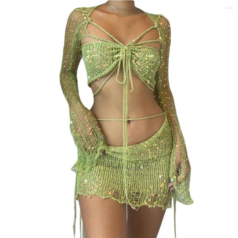 Casual Dresses Sequins Knitted Hollow Out Three Piece Set Women Sleeveless Cropped Top Midi Bodycon Skirt Suit Summer Beach Female