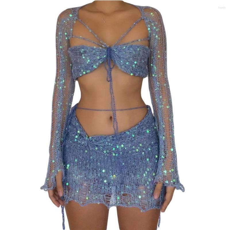 Casual Dresses Sequins Knitted Hollow Out Three Piece Set Women Sleeveless Cropped Top Midi Bodycon Skirt Suit Summer Beach Female