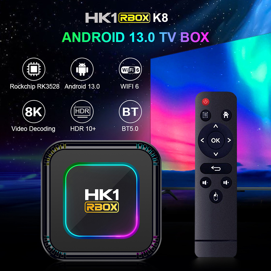 HK1 RBOX K8 TV Box Android 13 8K RGB Light 4GB 128GB RK3528 WiFi6 Dual Wifi Smart TV Box Set Top Receiver