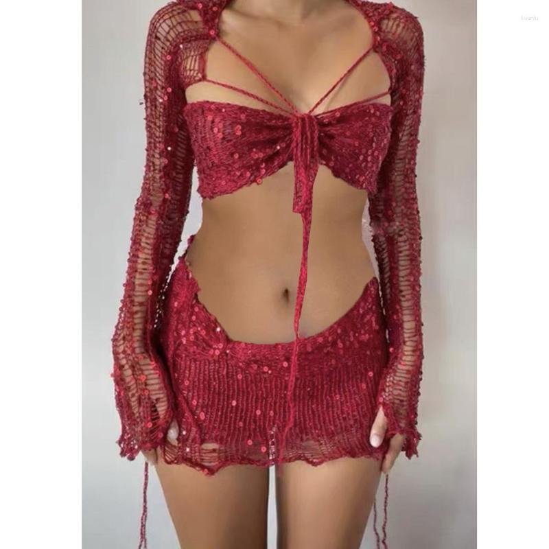 Casual Dresses Sequins Knitted Hollow Out Three Piece Set Women Sleeveless Cropped Top Midi Bodycon Skirt Suit Summer Beach Female