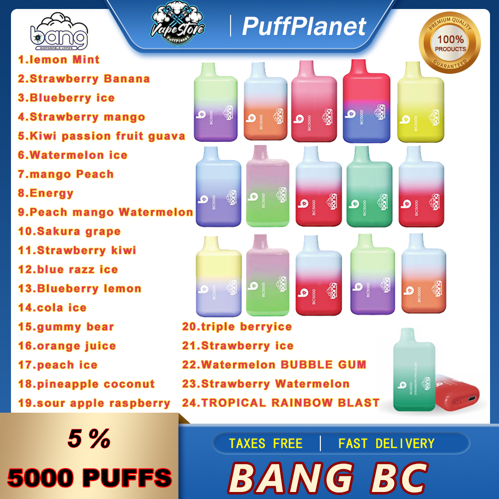 Original Bang BC 5000 Puffs Bars Disposable Vape Pen E cigarettes 13ml Pre filled Pods Cartridge 650mAh Rechargeable Battery 5% Bang 5000 5K VS 30cm Type C Charging
Original Bang BC 5000 Puffs Bars Disposable Vape Pen E cigarettes 13ml Pre filled Pods Cartridge 650mAh Rechargeable Battery 5% Bang 5000 5K VS 30cm Type C Charging