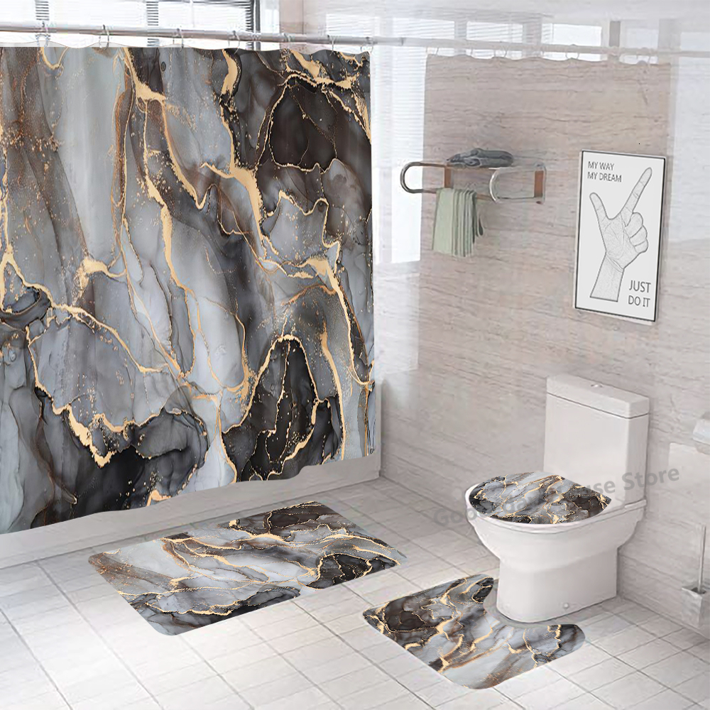 Shower Curtains Curtain Sets Black Gold Polyester Fabric Washable Bath 3D Marble Toilet Cover Bathroom Accessories 230626