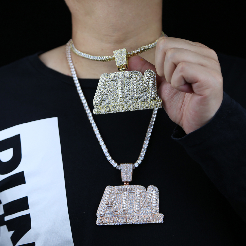 Pendant Necklaces Iced Out Bling 5A CZ Letters ATM Addicted To Money Pendant Necklace 2 Colors Cubicz Zircon Men's HipHop 5mm Tennis Chain Jewelr