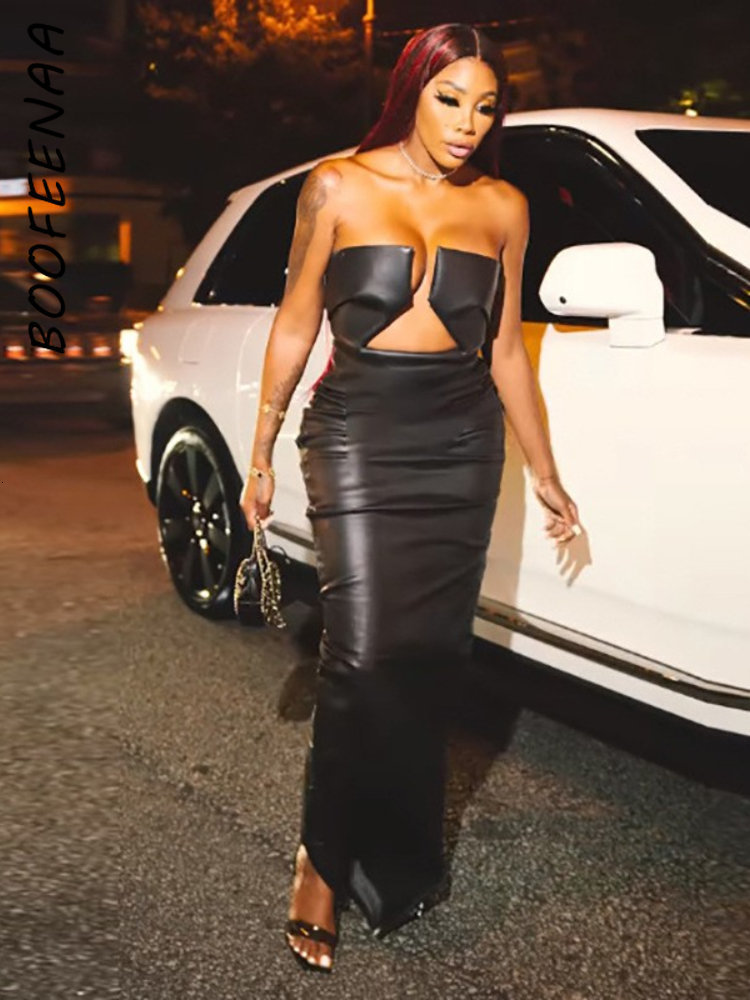 Basic Casual Dresses BOOFEENAA Sexy Hollow Out Strapless Maxi Dress Silver Black PU Leather Elegant Sexy Women Evening Dress Celebrity Outfit C95DC36 