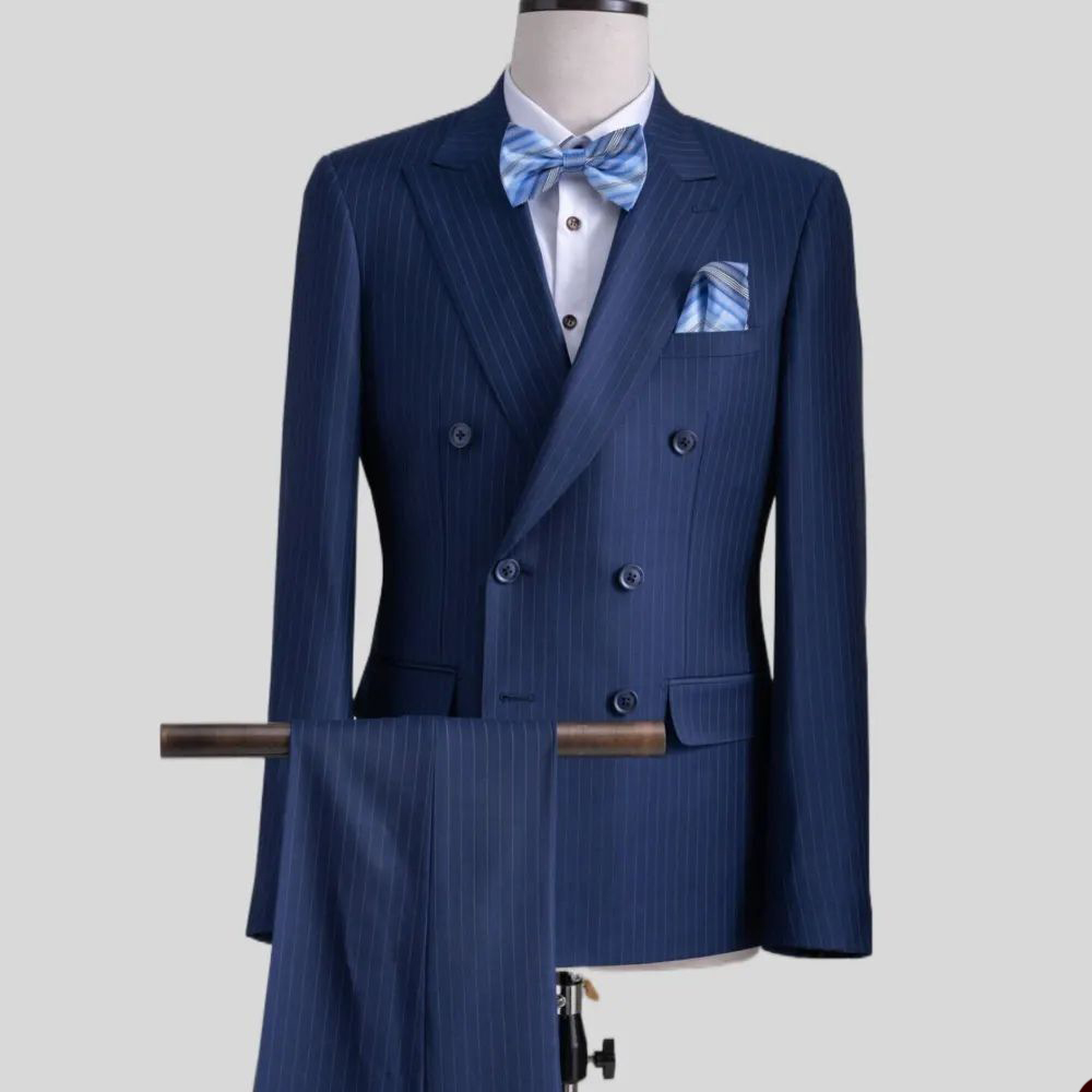 Pinstripe Men's Wedding Suit 2 Pieces Coat With Pants Peaked Lapel Groom Wear Double Breasted Business Tuxedos Customize