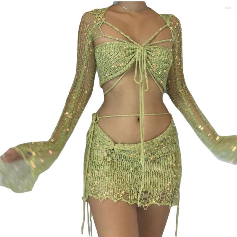Casual Dresses Sequins Knitted Hollow Out Three Piece Set Women Sleeveless Cropped Top Midi Bodycon Skirt Suit Summer Beach Female