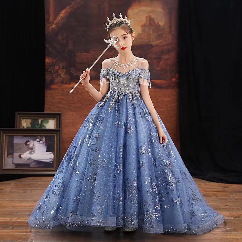 Light Sky Blue Ball Gown Pearls Flower Girl Dresses For Wedding Appliqued Pageant Gowns baby long train Tulle beaded crystal First Princess Communion 