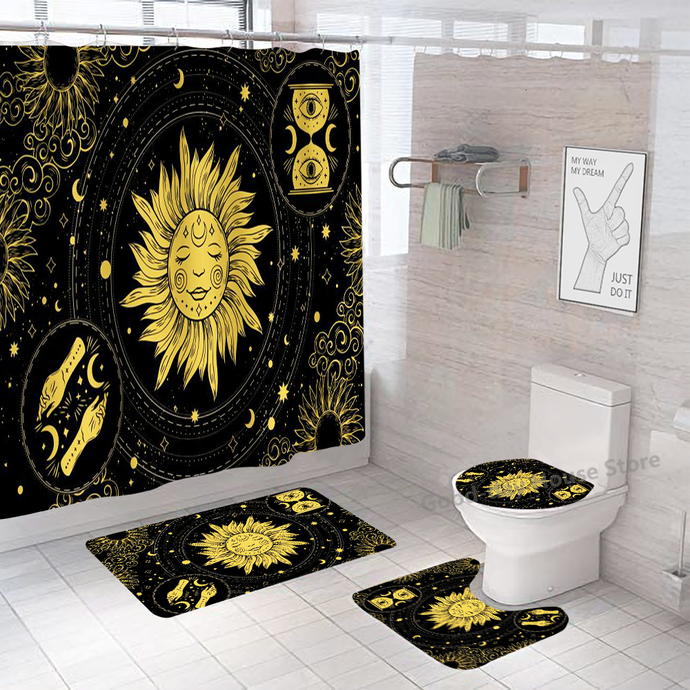 Shower Curtains Curtain Sets Black Gold Polyester Fabric Washable Bath 3D Marble Toilet Cover Bathroom Accessories 230626