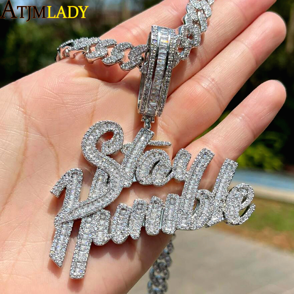 Charms Arrived Bling Iced Out Stay Humble Letters Pendants Paved 5A Cubic Zirconia Necklaces For Men Hip Hop Rapper CZ Jewelry 230626