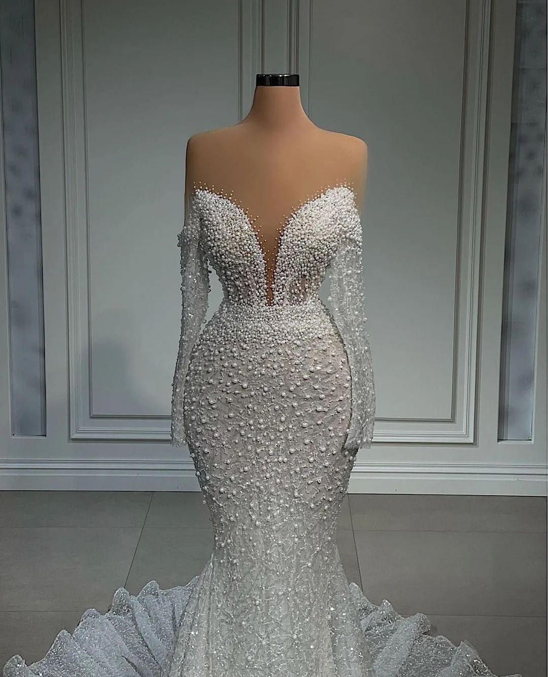 Elegant Mermaid Wedding Long Sleeves V Neck Beaded Sequins Pearls Appliques 3D Lace Bridal Gowns Formal Dresses Plus Size Vestido de novia Custom
