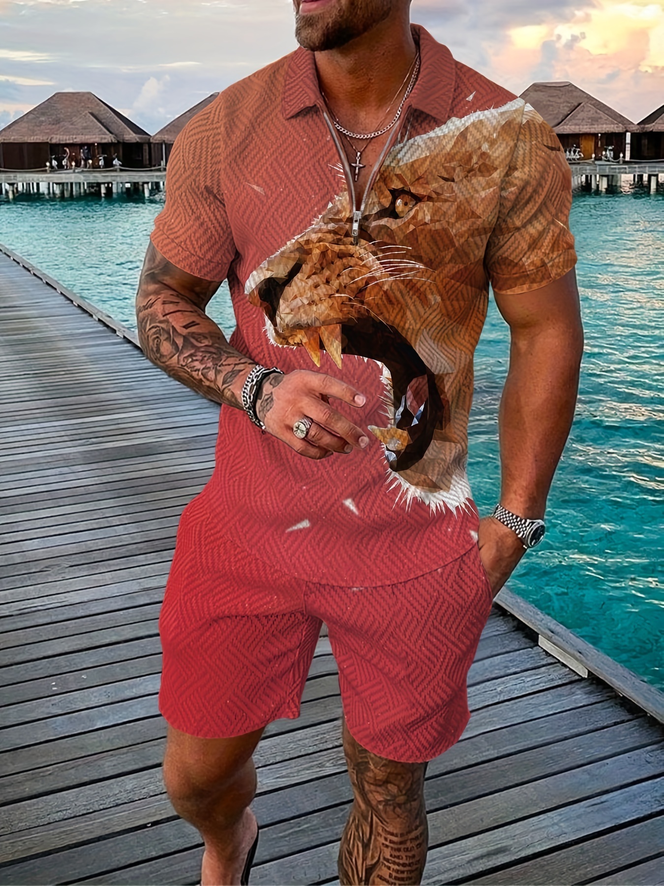 Men's Tracksuits Summer Men Casual Set Lion Pattern Polo Shirt Shorts Men's Tracksuit 2 Pieces Outfit Clothing For Men Fashion Men's Po