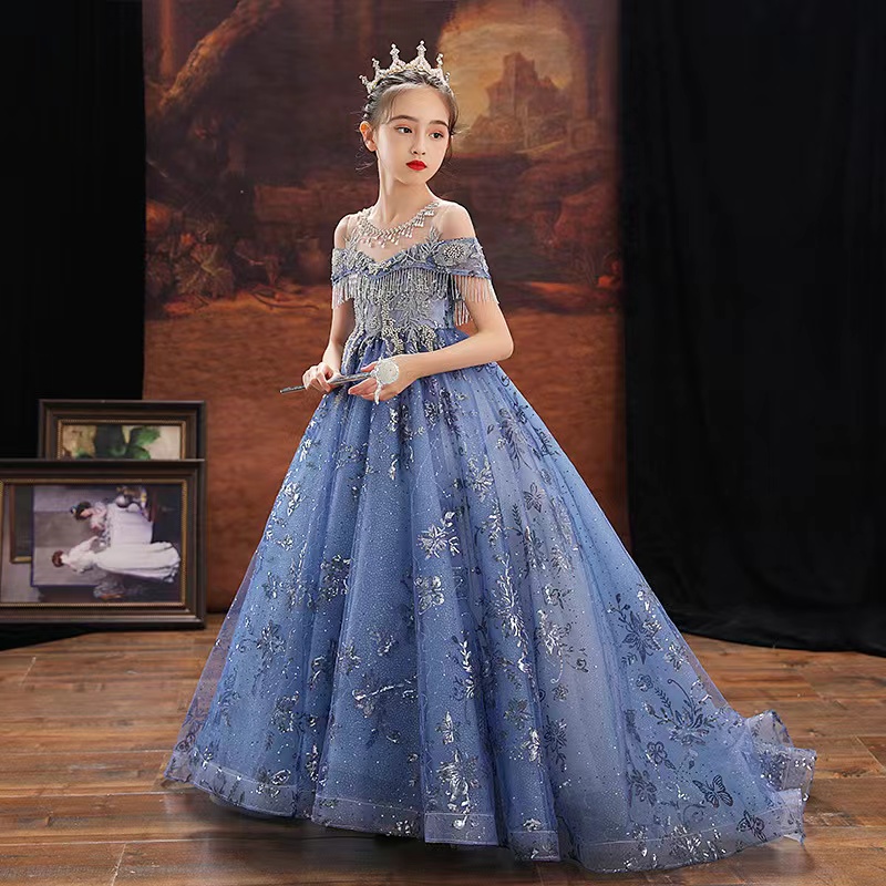 Light Sky Blue Ball Gown Pearls Flower Girl Dresses For Wedding Appliqued Pageant Gowns baby long train Tulle beaded crystal First Princess Communion 