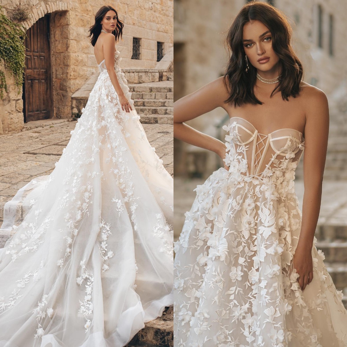 Berta A e Dresses for bride Sweetheart Lace Wedding Dress Sweep Train Backless 3D Appliques designer bridal gowns